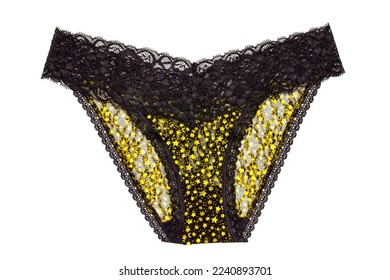 Underwear woman isolated. Close-up of luxurious elegant black lacy thongs panties with colorful yellow stars pattern isolated. Clipping path. Macro. Underwear fashion.