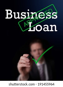 An Underwriter Writing Business Loan Approved On A Screen.