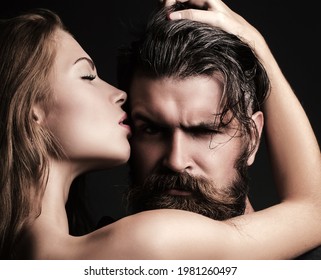 Undressed couple hugging passionately. Sexy seduction. Naked body, nude torso. Romantic tender. Erotic people concept.