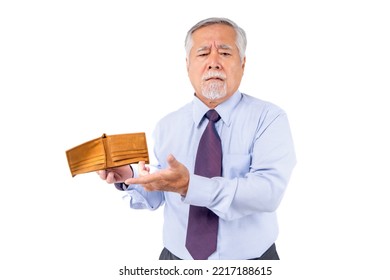 Unemployed Businessman Elderly Men Open Wallet No Money In Wallet Broke Cash, Close Up Wallet In Hands Bankruptcy Economic Financial , Poverty In Retirement And Unemployment Concept.