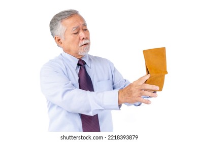 Unemployed Businessman Elderly Men Open Wallet No Money In Wallet Broke Cash, Close Up Wallet In Hands Bankruptcy Economic Financial , Poverty In Retirement And Unemployment Concept.