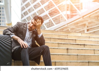 Unemployed Businessman Stress Sitting On Stair, Concept Of Business Failure And Unemployment Problem, Work Life Balance, Image Processing Vintage Color.