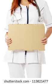 Unemployed Doctor Woman With Empty Cardboard Sign , Isolated On White Background