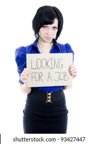 Unemployed woman with cardboard looking for a job. Isolated over white.