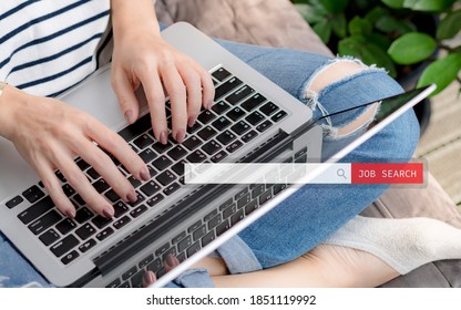 Unemployed Woman Looking For A Job Vacancy Opportunity By Using Online Job Search Engines. Head Hunting, Career Recruitment Occupation Concept. Top View Close Up With Search Bar Graphic On Top.