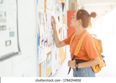 Unemployed Young University Woman Looking For Work Or Job After Graduation At The Post Board