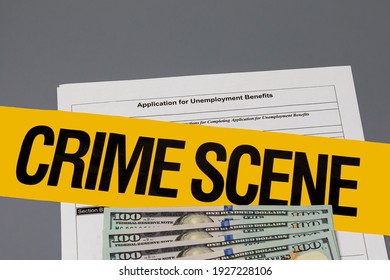 Unemployment Benefits Application With Crime Scene Tape. Identity Theft, Insurance Fraud And Cybercrime Concept.