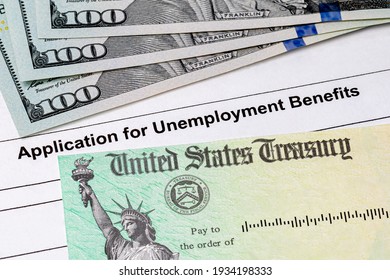 Unemployment Benefits Application, Stimulus Check And Money. Covid-19 Relief Bill, Recession And Financial Crisis Concept