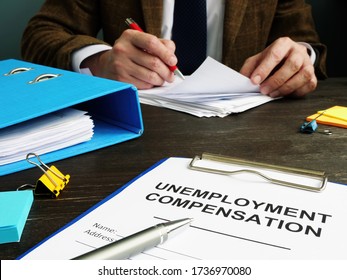 Unemployment Compensation Application And Clerk With Papers.