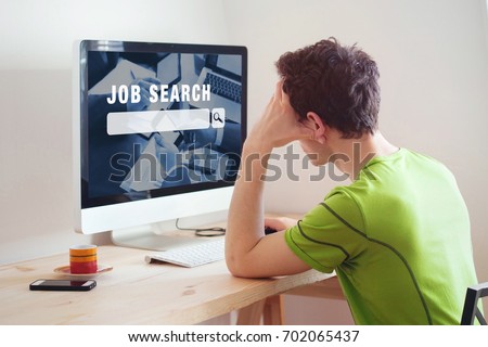 unemployment concept, job search on internet, man at home looking for good career