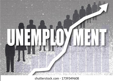 Unemployment Word In White With Line Chart Intersecting And Silhouettes Of Unemployed People 