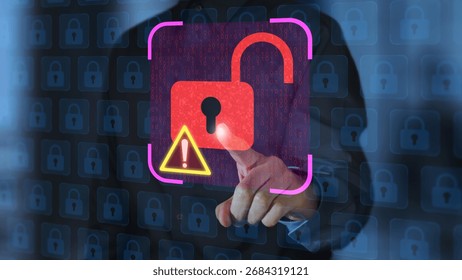 Unencrypted and insecure communications. Security software detecting data breach and displaying warning alert. Business person touching padlock icon to fix security vulnerabilities.