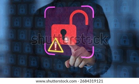 Unencrypted and insecure communications. Security software detecting data breach and displaying warning alert. Business person touching padlock icon to fix security vulnerabilities.