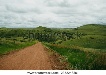Unending pathways in a Northern Wyoming countryside ranch on an overcast summer day with green grass and rich reddish dirt road, with a cinematic and film-like color grade