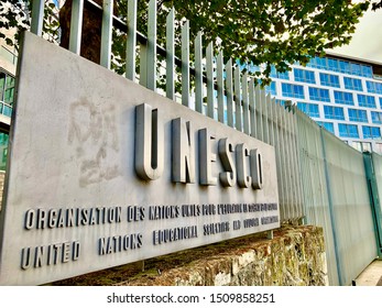 Unesco Headquarters In Paris Sign Outside Building . Paris France September 2019
