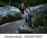 Unexpected encounter of a woman hiker with a grizzly bear at a river crossing in a canyon, mixed media, conceptual shot of the dangers in the wilderness