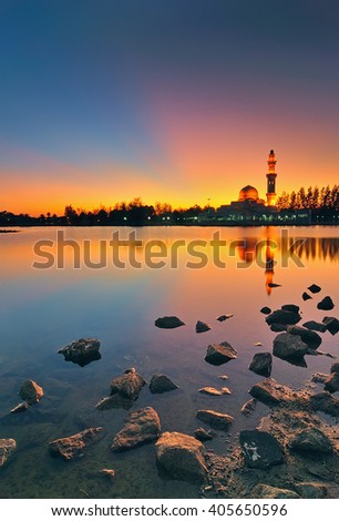Unexpected Ray of Light During Blue Hour At Floating Mosque . Motion Blur Soft Focus Long Exposure