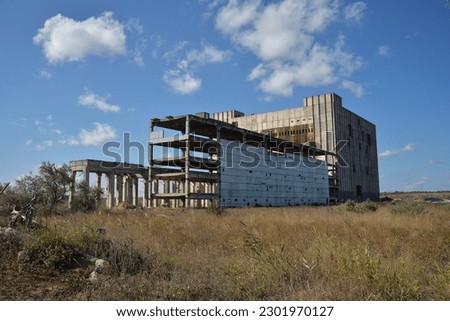 Unfinished abandoned buildings of Crimean Atomic Energy Station  on banks of Aqtas Lake, near city of Shchelkino, Kerch Peninsula, Cape Kazantip, Crimea, Russia