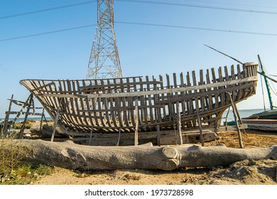 unfinished basic construction of wooden fishing ships.