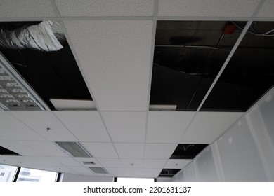 Unfinished Ceiling, Installing Fire Sprinkler In Office At Building Site. Electrical Installation, Electrical System Installation In Building Site.