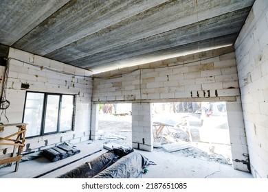 Unfinished Concrete Block Garage. Construction Of Buildings And Structures From Lightweight Materials. Inside View