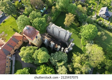Unfinished Gothic cathedral of Our Lady founded in the 12-th century in the village Panensky Tynec, Czech republic - magical place full of natural healing Energy aerial scenic panorama view