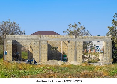 Unfinished house from a cinder block. The walls of the building under construction