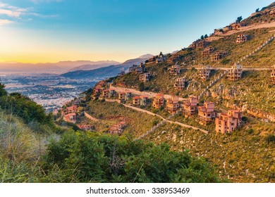 Unfinished House Ruins Raised By The Mafia Through Corruption On A Hill Near Palermo. Sicilian Landscape Near Mondello, Italy