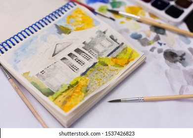 Unfinished Manually Made Watercolor Painting Or Illustration Of Old Estate And Autumn Landscape