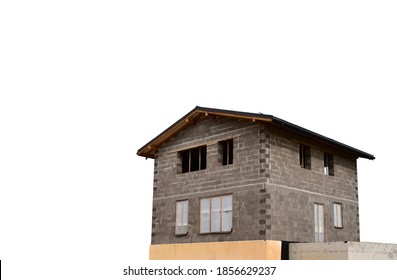 Unfinished Private Home Of Ceramsite Concrete Blocks Isolated On White Background. Building A House Of Expanded-clay Concrete Blocks On Construction Site.