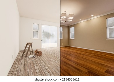 Unfinished Raw and Newly Remodeled Room of House Before and After with Wood Floors, Moulding, Tan Paint and Ceiling Lights. - Shutterstock ID 2134563611