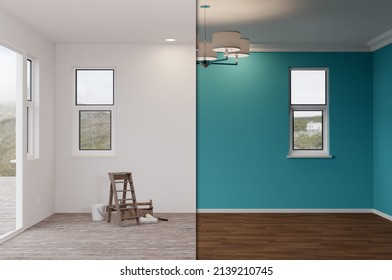 Unfinished Raw And Newly Remodeled Room Of House Before And After With Wood Floors, Moulding, Rich Blue Paint And Ceiling Lights.