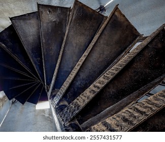 The unfinished underside, bottom of steel circular steps in a square concrete lookout tower with sunlight coming in the windows at the top - Powered by Shutterstock