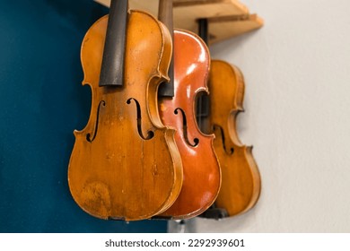 Unfinished violoncellos hanging in traditional luthier workshop - Powered by Shutterstock