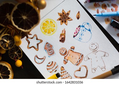 Unfinished Watercolor Painting Of Gingerbread Cookies, Gingerbread Men, Cinnamon Sticks, Anis Flowers, Gingerbread Houses, Cookies, Lemons