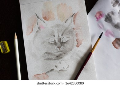 Unfinished Watercolor Painting Of Grey Fluffy Kitten Or Kitty