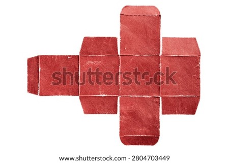 Unfolded Flat Red Cube Box Packaging Template with Grunge Scratched Texture