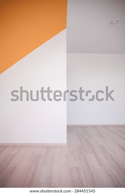 Unfurnished Bedroom White Orange Walls Wooden Stock Photo