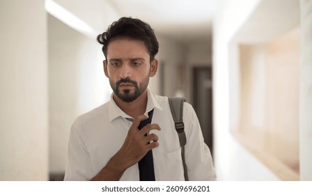 Unhappy anxious tired young adult boy wear formal dress standing in hallway. Sad Indian bearded man in tie touch hair thinking  deep thought about career lost jobless