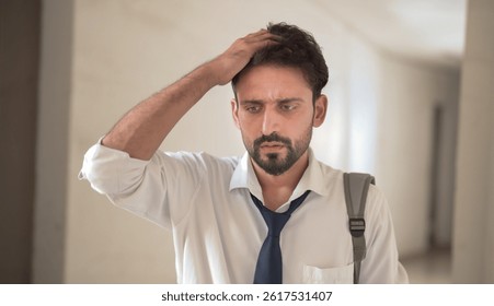 Unhappy anxious tired young adult boy wear formal dress standing in hallway. Sad Indian bearded man in tie touch hair thinking  deep thought about career lost jobless
