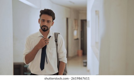 Unhappy anxious tired young adult boy wear formal dress standing in hallway. Sad Indian bearded man in tie touch tie thinking deep thought about career lost jobless