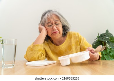 Unhappy Asian Senior Woman Anorexia And Say No To Ready Meals, Elderly Home Alone And Bored Food And No Appetite