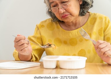 Unhappy Asian Senior Woman Anorexia And Say No To Ready Meals, Elderly Home Alone And Bored Food And No Appetite