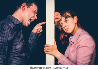 Unhappy Couple Arguing And Do Not Understand Each Other, Abstract Wall Between Them And Two Sides Of Opinions - Conflict And Family Concept - Retro Style