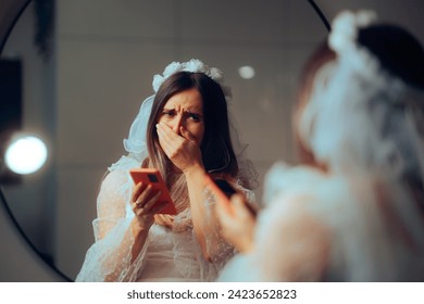 
Unhappy Crying Bride Reading Text Messages Feeling Betrayed 
Stressed newlywed wife finding out her husband is cheating on her
