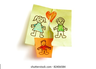 Unhappy Family And Child Custody Battle Concept Sketched On Sticky Note Paper