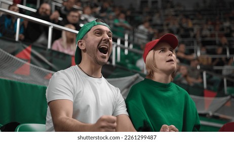 Unhappy fans scream sport stadium. Frustrated people loss bet. Cheering person worry team goal. Aggressive couple angry yell. Disappointed girl fan fail game. Annoyed guy anger emotion. Crowd shout. - Shutterstock ID 2261299487