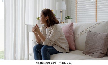 Unhappy Female Employee Latin Mom Think Sit Sofa Couch At Home Living Room Need Help Support Panic Coronavirus Financial Debt Crisis In Life Insurance Feel Pain Distress Pensive Regret Lost Upset.