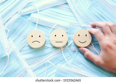 Unhappy And Happy Faces. Different Emotions During Covid-19 Pandemic. Post Coronavirus Hope And Recovery