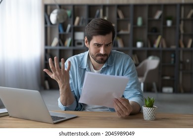 Unhappy man received bad unexpected news in letter, having problem with bank, eviction or dismissal, notice, loss money or debt, shocked businessman reading notification, working with correspondence